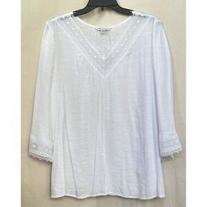 Counterparts White Lace Trim V Neck Tunic Top XL Flowy Beachy Boho Cottagecore